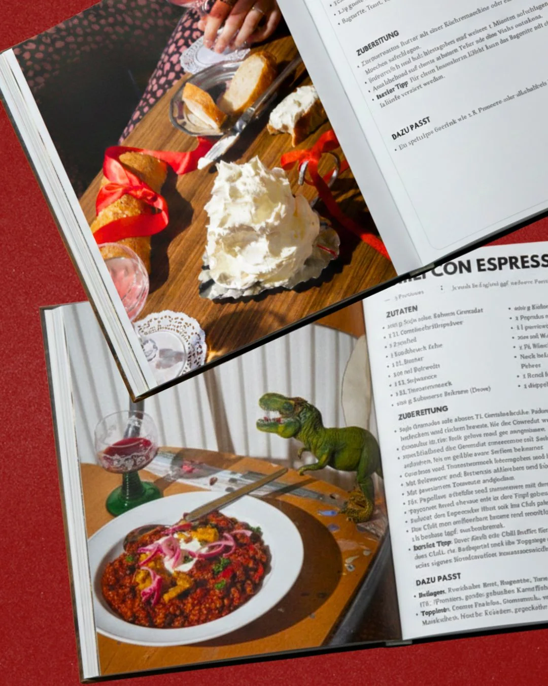 Aufgeschlagene Seiten aus Table Stories — Burro Tricolore und Chili con Espresso Rezepte